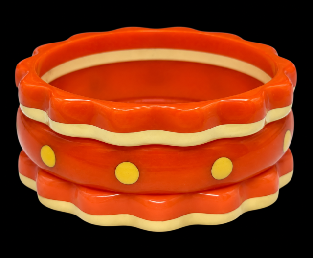 Teresa yellow and orange daisy bangles with vintage orange with yellow mini dots bakelite bangle